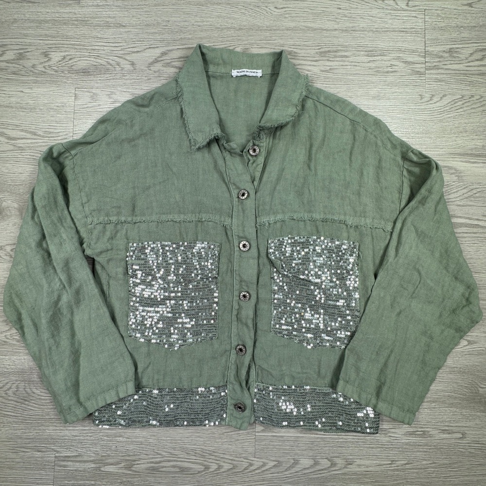 Made in Italy Women Shirt Sequin Linen Raw Edge Sage Green One Size Boho Shacket
